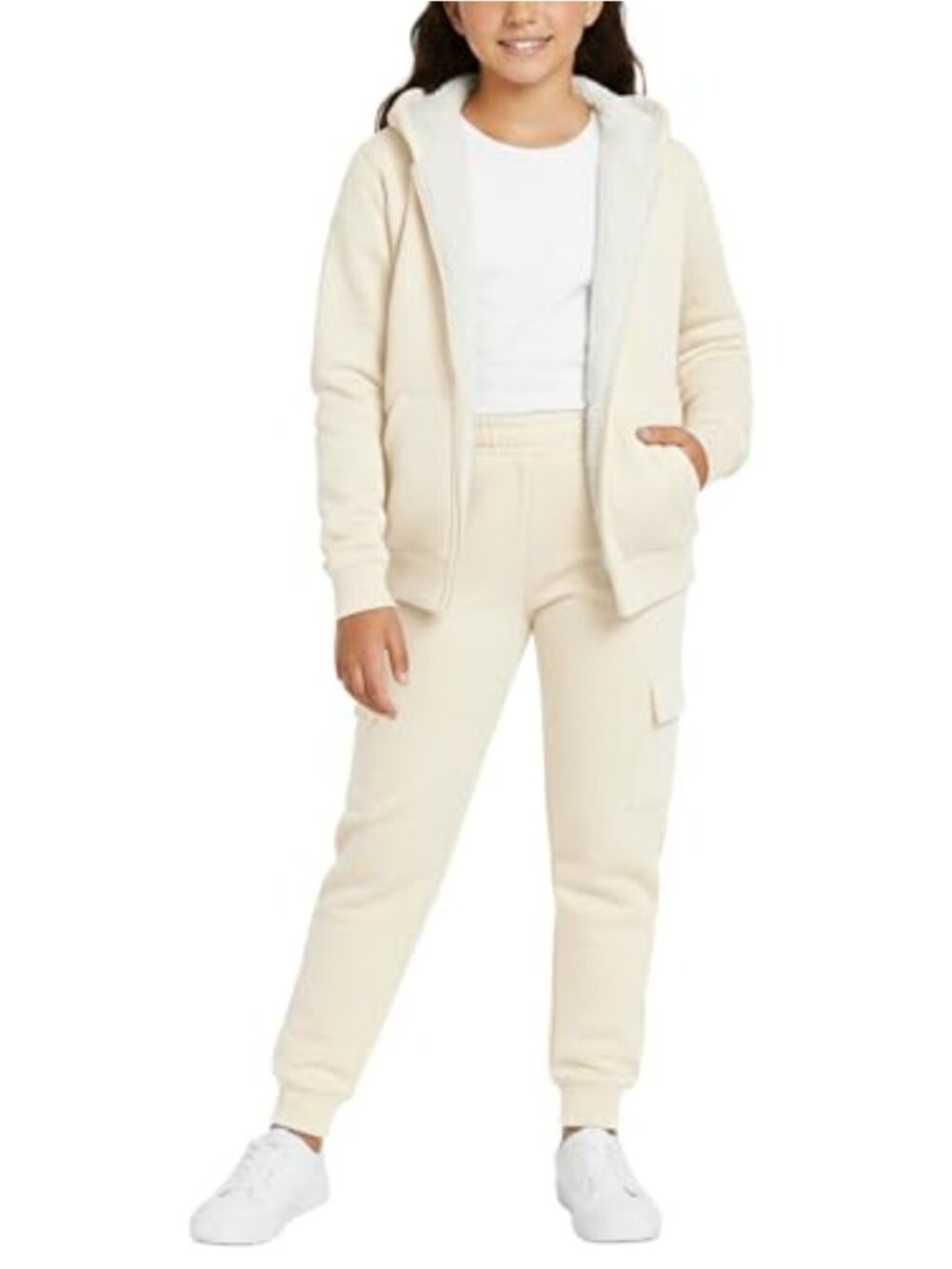 Girls Sherpa Lined Zip Up Hoodie & Cargo Jogger Set - 2 Piece Cozy Activewear